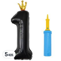 제이벌룬 은박 왕관 숫자 풍선 대 + 손펌프 세트, 1 블랙(풍선), 블루(손펌프), 5세트