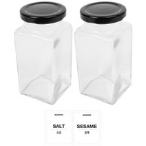 홈앤라이프 유리 양념통 사각 블랙캡 300g 2p 세트, 1세트, 양념통 2p + 투명스티커 (소금 + 참깨)