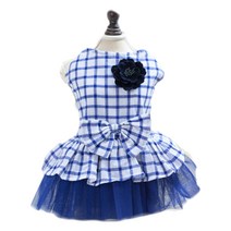 반려동물 리본체크 공주님 드레스, 블루