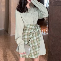페이퍼먼츠 여성 봄 가을 그린 체크 랩 셔츠 원피스 6519