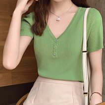 공블리 여성용 퀄리티 좋은 핫한 버튼 V넥 골지 반팔 니트 CST1240 티셔츠