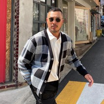 파이브라지 빅사이즈 스퀘어 체크 배색 오버핏 가디건