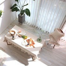 페이퍼가든 블랙라벨 순면 프릴 테이블클로스, 베이지, 150 x 230 cm