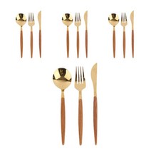 오체어스 우드패턴 슬림 커트러리 3종 x 4p 세트, 골드브라운, 숟가락 4p + 포크 4p + 나이프 4p