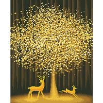 디클레어 액자형 캔버스 보석십자수 DIY 키트 60 x 75 cm, 황금나무와 사슴 I, 1세트