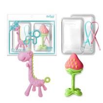 앙쥬 치발기 2종 세트, 노꼭지, 기린 핑크, 3D딸기, 랜덤발송(실리콘클립)