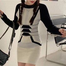 비비에모 투톤 슬리밍 슬림 긴팔 니트 미니 원피스 00697