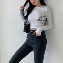 시크블랙 여성용 더주니 크롭 프린팅 긴팔 티셔츠 T9077K23