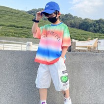 오렌지다몸 남아용 알록 반팔티 + 스마일 반바지 세트