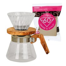 하리오 V60 올리브우드 드립세트 1~2인 VCWN-40-OV+VDG-01-OV+VCF-01-100M, 혼합색상, 1세트