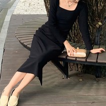 페이퍼먼츠 스퀘어넥 허리셔링 뒷트임 모던 긴팔 원피스 02499