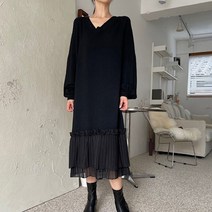 페이퍼먼츠 브이넥 쉬폰 밑단 이중프릴 스웨터 니트 원피스 02627