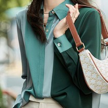 페이퍼먼츠 가을 새틴 쉬폰 배색 스트라이프 컬러 셔츠 02697