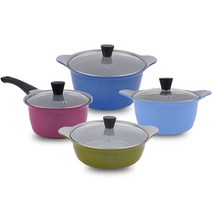 키친아트 프리미엄 파스텔 컬렉션 세트 4개, 편수냄비 18cm + 양수냄비 20cm + 전골냄비 24cm + 곰솥냄비 24cm, 와인(편수), 스카이블루(양수), 카키브라운(전골), 블루(곰솥)