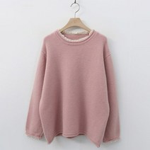 럽스 여성용 프릴 레이스 무지 라운드넥 니트