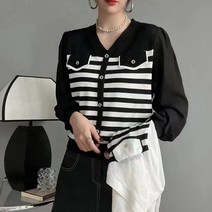 페이퍼먼츠 여성용 페이 포켓 브이넥 스트라이프 니트 03918