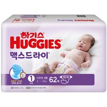 하기스 맥스드라이 밴드형 기저귀 남녀공용 신생아용 1단계(3~4.5kg), 62매