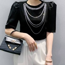 비비에모 프렌치 퍼프소매 큐빅 페이크 레이어딩 목걸이 스타일 블라우스 03266