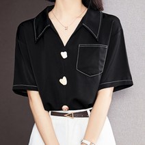 페이퍼먼츠 여성용 스티치 라인 단추 포인트 반팔 셔츠 04646