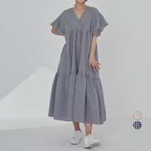 캐럿 여성용 루즈핏 깅엄체크 반팔 롱 원피스