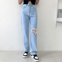 토마토팩토리 여성용 찢청 빈티지 워싱 롱 와이드 데님 무파진