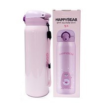 해피베어 원터치 보온 보냉병 + 스트랩, 핑크, 500ml