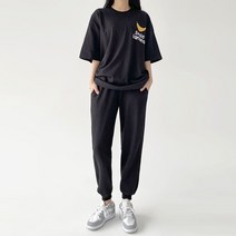 플랜데이 여성용 바나나 프린팅 박스 반팔티 조거팬츠 트레이닝 세트