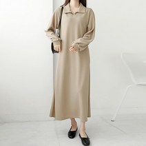 티탁 여성용 카라 허리끈 롱 원피스