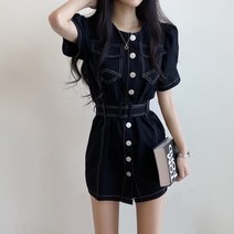 데일리 스티치 코튼 벨트 반팔 미니원피스