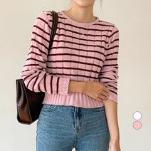 무드인더 여성용 세미 크롭 스트라이프 긴팔 니트