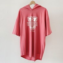 티탁 여성용 빅사이즈 데일리 루즈핏 코튼 캐주얼 프린팅 뒤트임 반팔 후드 티셔츠 TTCC42