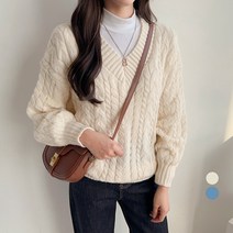 세컨그라운드 여성용 루즈핏 브이넥 꽈배기 니트