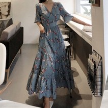 오티온 여성용 브이넥 쉬폰 라인 밴딩 롱 원피스