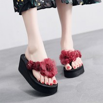 여성용 풍성한 플라워 통굽 슬리퍼 웨지 샌들 쪼리 6cm