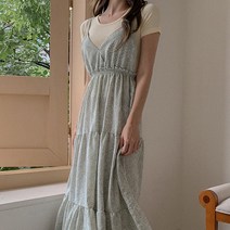 큐니걸스 웨이스트 밴딩 3단 프릴랩 롱 원피스