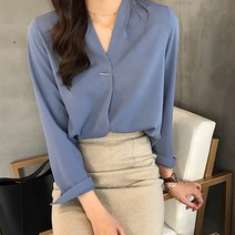 더시럽 여성용 페미닌 스타일 V넥 단색 블라우스