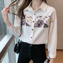 페이퍼먼츠 여성용 카라넥 네모 도형 패턴 프린팅 데일리 셔츠 블라우스 13671