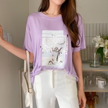 여성용 라운드넥 프린팅 반팔 티셔츠 T9732K25