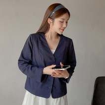 로미스토리 빅사이즈 노카라 브이넥 린넨 자켓