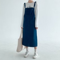 무드인더 여성용 포켓 멜빵 데님 롱 원피스