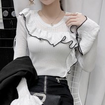 비비에모 여성용 라운드 프릴 플레어 니트 티셔츠 00344