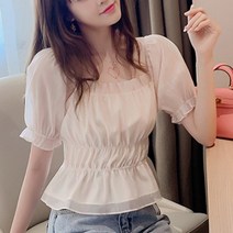 세컨핑크 여성용 러브퍼프 셔링 쉬폰 크롭 반팔 티셔츠