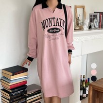 플랜데이 여성용 카라 브이넥 하이퍼 배색 맨투맨 롱 원피스