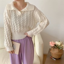 레몬소울 여성용 보보 카라 꽈배기 니트티