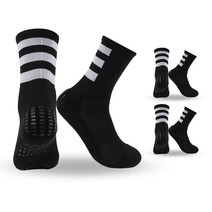 남성용 논슬립 스포츠 삼선포인트 쿠션 장목 양말 3켤레, 블랙