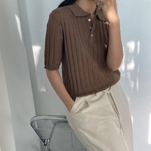 뜨개진 여성용 레이온 골지 버튼 마우 카라넥 반팔 니트
