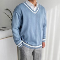 머시따 남성용 두줄 브이넥 배색 니트
