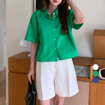 플랜데이 여성용 하이 비비드 컬러 세미 크롭 반팔 남방