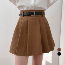 밀키버터 여성용 코듀로이 플리츠 미니 스커트 + 벨트 세트