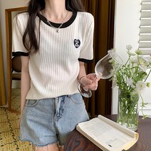 레몬소울 여성용 마시알 골지 배색 반팔 니트티